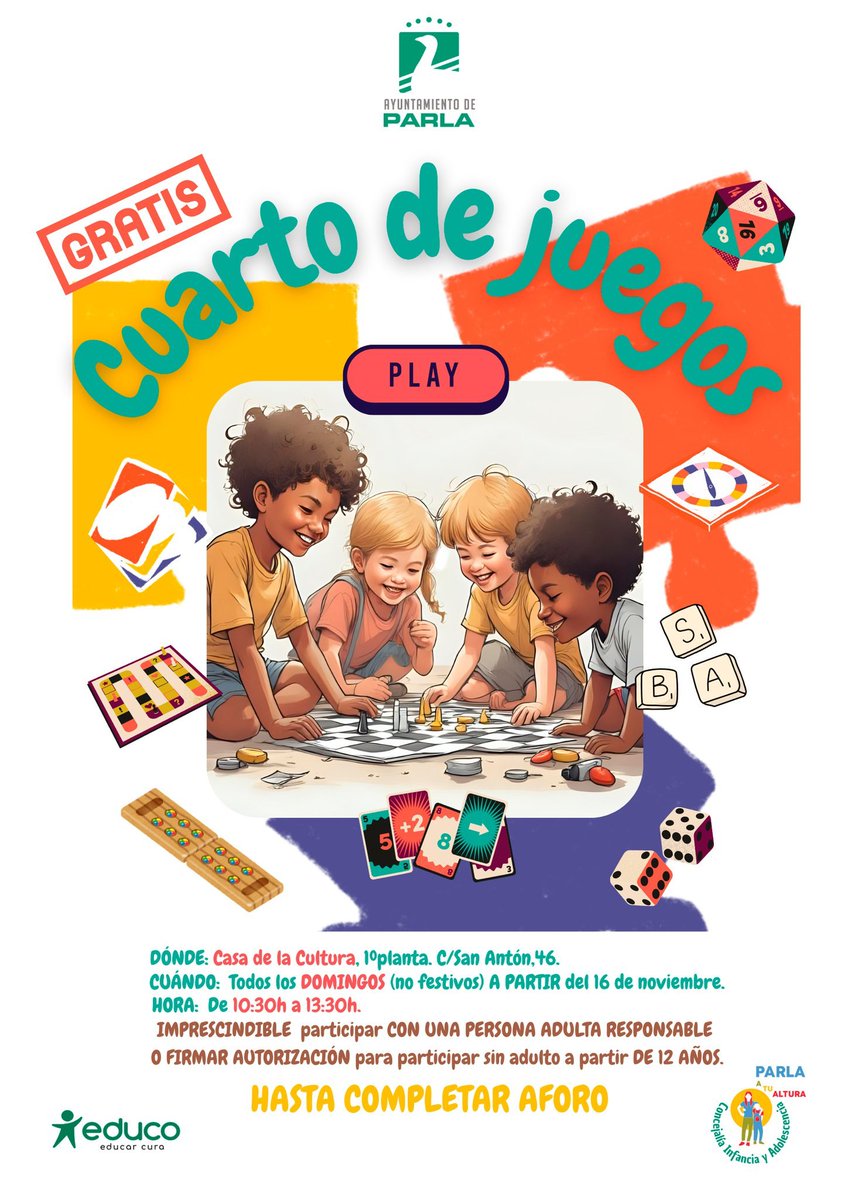AytoParla's tweet image. 👧🏼👶🏿🧒🏻 🪁🎲🧩🎯🎨 Hoy como todos los jueves lectivos en #Parla de 16:00 a 18:00 h Juego de Tronas para familias con bebés de 0 a 6 años Y para  mayoresde 6 a 14, Cuarto de Juegos domingos 10:30 a 13:30 h, #gratis

ayuntamientoparla.es/servicios/adol…

@AytoParlaOrbita @issama_avila
