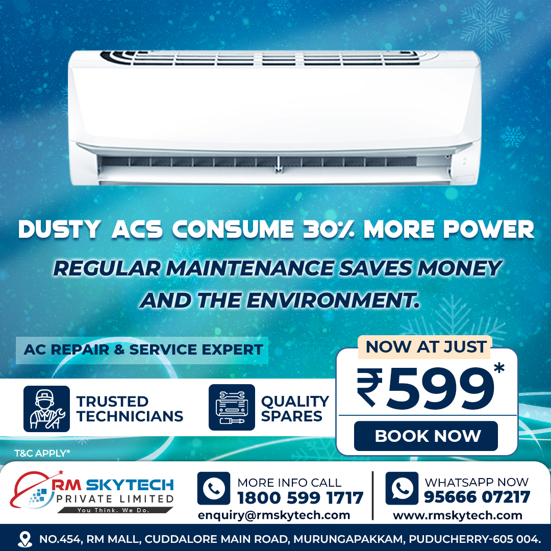 rm_repair_serv's tweet image. Stop paying high electricity bills and restore your cooling with our expert AC service for just ₹599*! 
#RMSkytech #PuducherryServices #ACMaintenance #EnergySavingTips #HomeApplianceRepair
