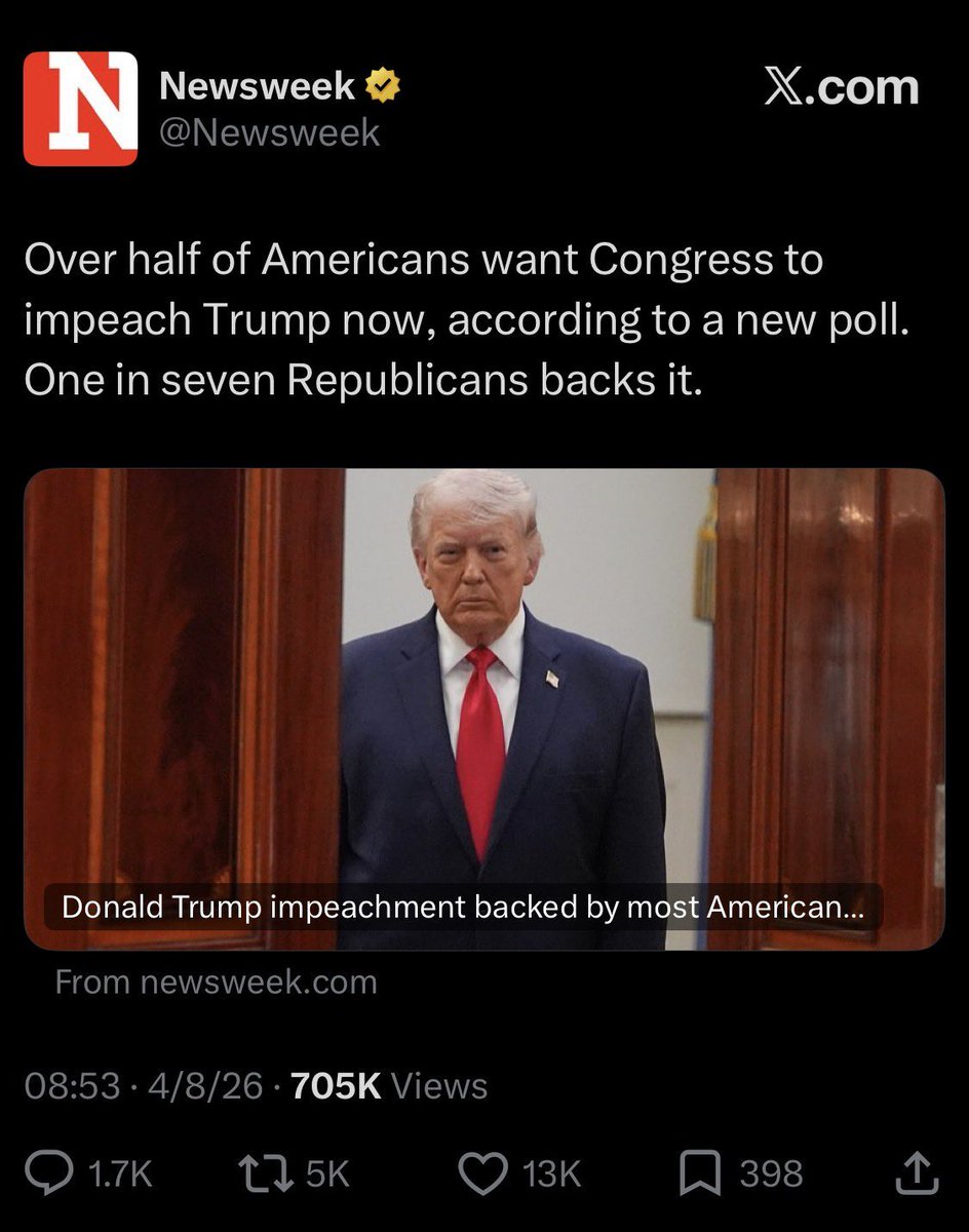 DrDanish5's tweet image. نیوزویک کی رپورٹ کے مطابق:
امریکیوں کی اکثریت Donald Trump کے خلاف امپیچمنٹ چاہتی ہے۔
  52% حمایت | 40% مخالفت
1,  ڈیموکریٹس: 84%
2,  آزاد: 55%
 3, ریپبلکنز: 14%
#Trump #Impeachment #USPolitics