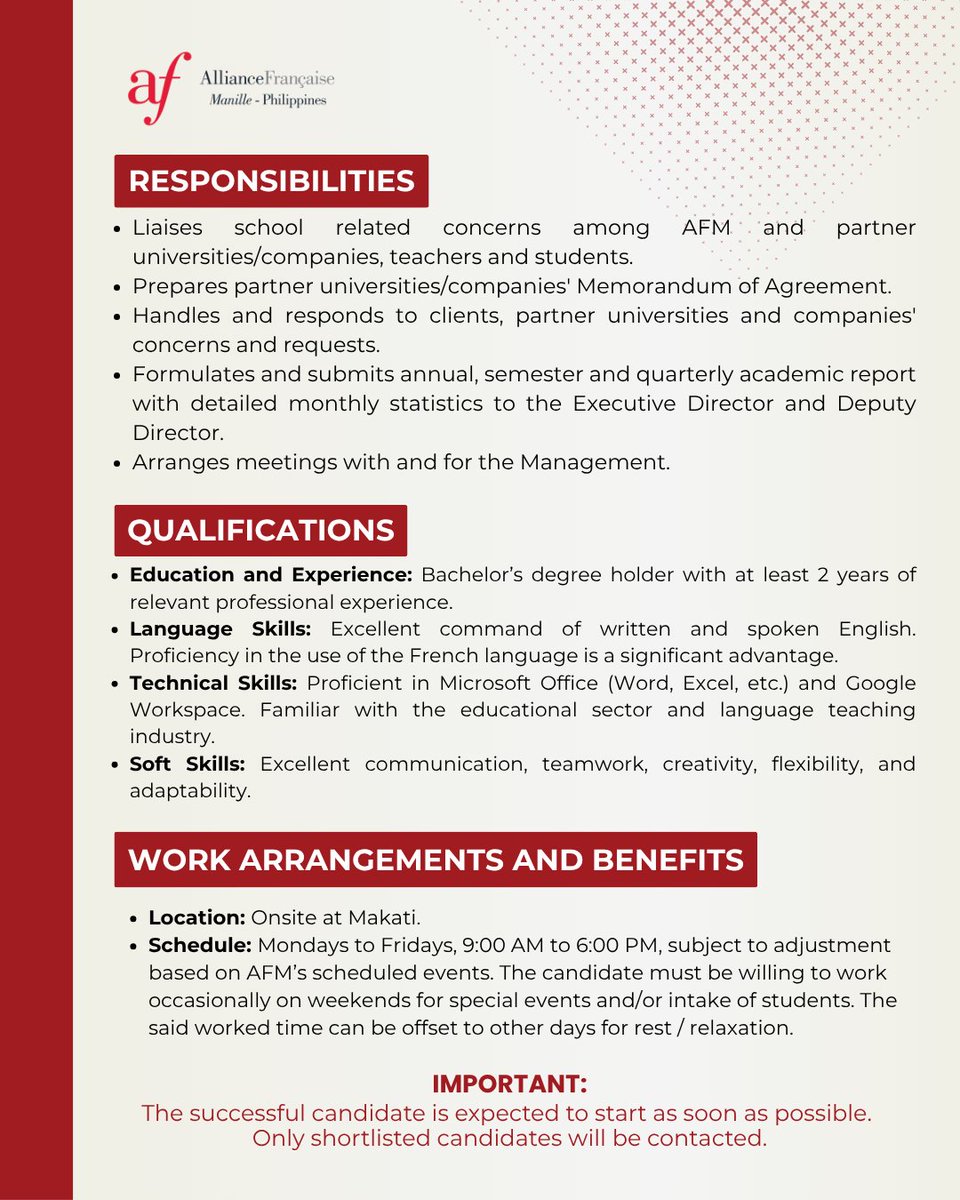 AFManille's tweet image. Alliance Française de Manille is looking for an Academic Assistant!

Join our team! Apply here: bit.ly/JoinAFM2026

#JobOpportunity #AcademicAssistant #AllianceFrancaiseDeManille