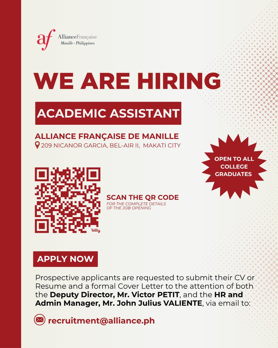 AFManille's tweet image. Alliance Française de Manille is looking for an Academic Assistant!

Join our team! Apply here: bit.ly/JoinAFM2026

#JobOpportunity #AcademicAssistant #AllianceFrancaiseDeManille