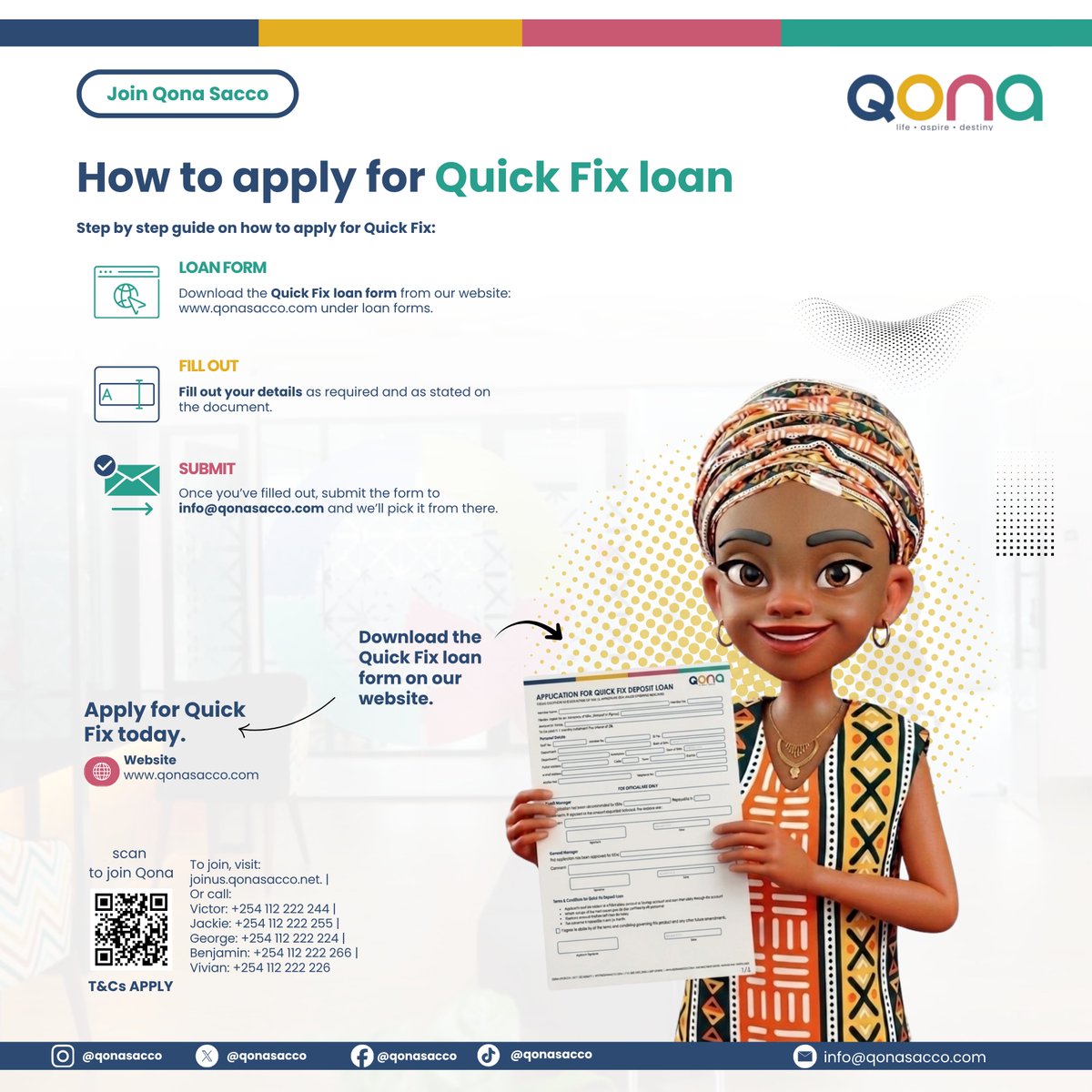 qonasacco's tweet photo. If you need quick fix loan for Toka Block or Punguza Mzigo, here is a breakdown of how to apply for it.
Download from our site.
Fill out your details.
Email to info@qonasacco.com.
#EasyLoans
#QonaSacco
#FinancialFreedom https://t.co/Pjgo2oUjqe