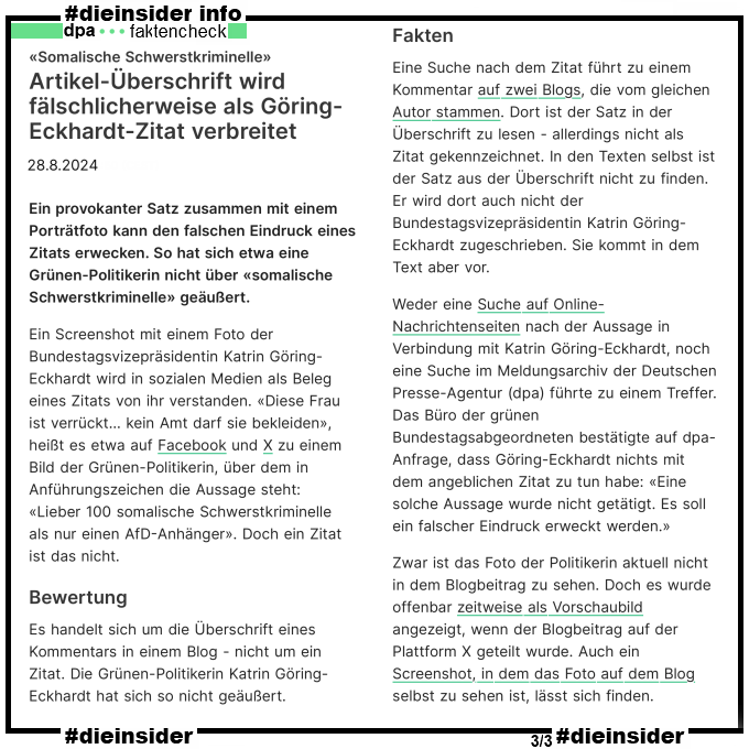 Die_Insider's tweet image. Morddrohungen und beleidigende sexuelle Kommentare gegen @GoeringEckardt von #AfD-Fans zu einem #Fake-Zitat!

Niemand scheint in der Lage zu sein, dass angebliche Zitat zu überprüfen!

#LautGegenNazis #AfDVerbot #DPA #Faktencheck
#Antifaschismus #GemeinsamGegenHass #DieInsider