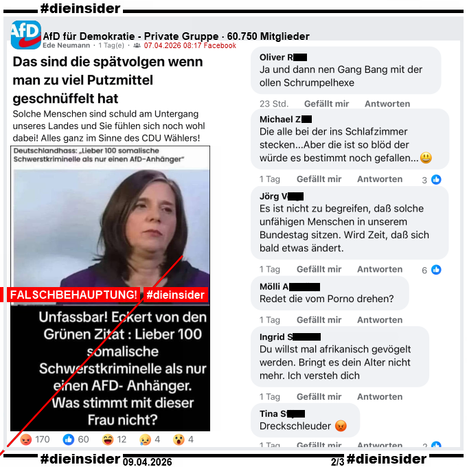 Die_Insider's tweet image. Morddrohungen und beleidigende sexuelle Kommentare gegen @GoeringEckardt von #AfD-Fans zu einem #Fake-Zitat!

Niemand scheint in der Lage zu sein, dass angebliche Zitat zu überprüfen!

#LautGegenNazis #AfDVerbot #DPA #Faktencheck
#Antifaschismus #GemeinsamGegenHass #DieInsider