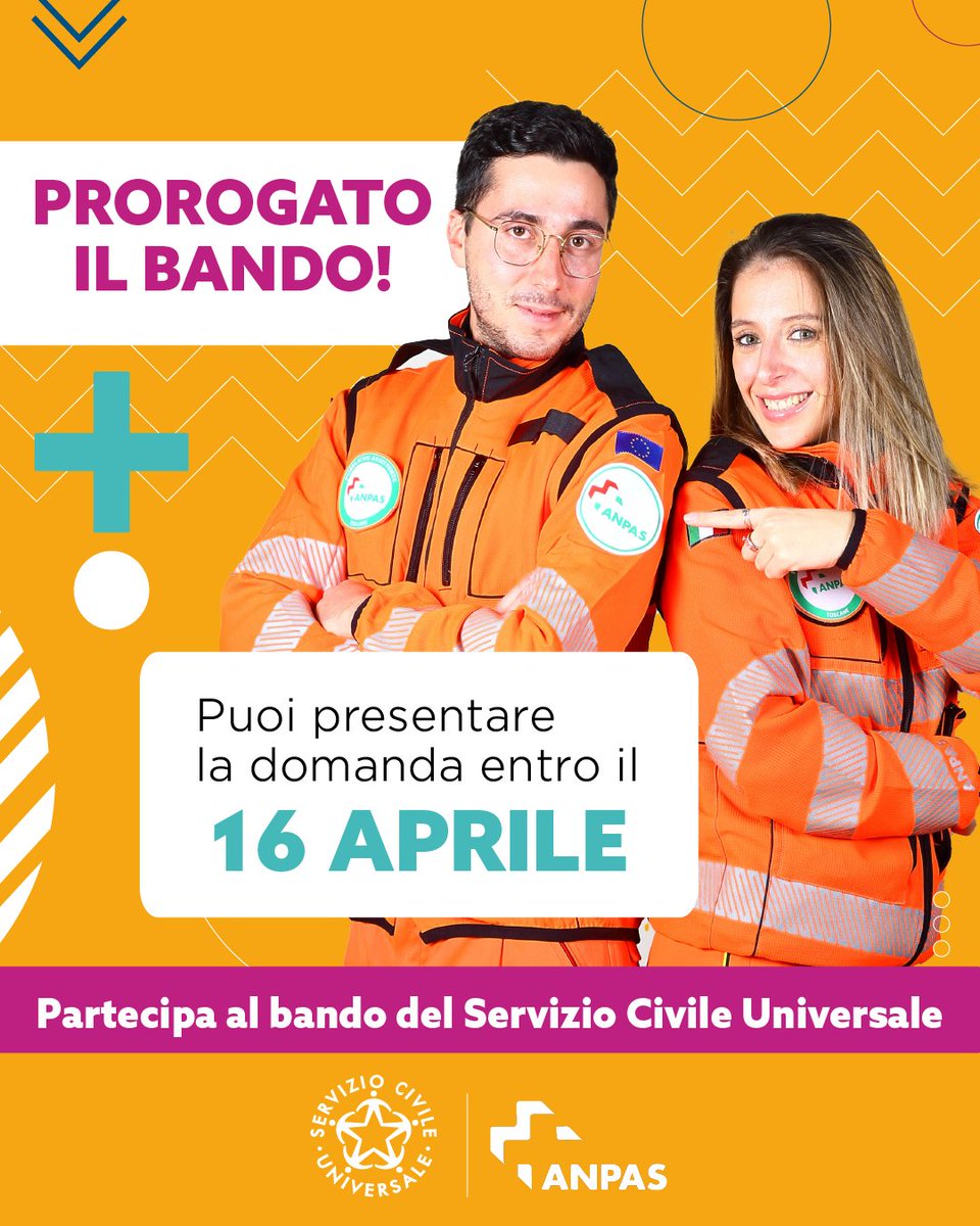 AnpasPiemonte's tweet photo. #ServizioCivile in #Anpas: prorogata la scadenza al 16 aprile 2026 ore 14.00. In #Piemonte 184 posti in ambito del soccorso in #emergenza118 a mezzo #ambulanza. 
https://t.co/5Ark4OHifd https://t.co/9evcHEfPNJ