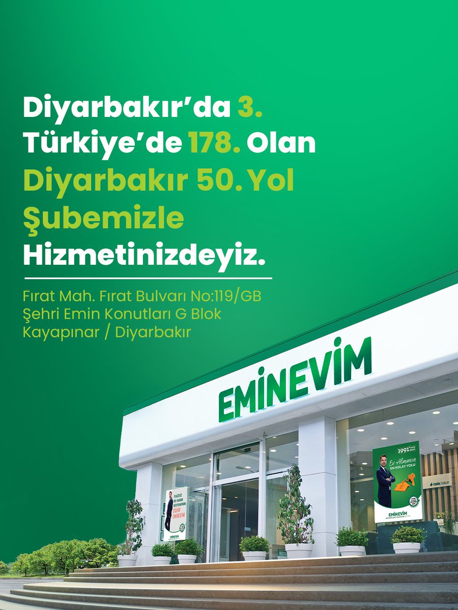 eminevim's tweet photo. Diyarbakır’da 3., Türkiye’de 178. olan Diyarbakır 50. Yol şubemizle hizmetinizdeyiz. Siz de ev, araç ve iş yeri hayalinize tam zamanında kavuşmak için şubelerimizi ziyaret edebilirsiniz.

#Eminevim #Şube #Diyarbakır https://t.co/sZAw9dbB7O