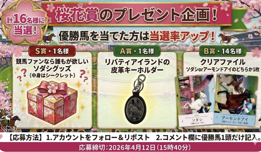 Kingnanews's tweet photo. 🌸桜花賞のプレゼント企画🎁
🎯優勝馬を的中された方は当選率UP！
※詳細は下の【応募方法】へ！

🔥計16名様に当たる🔥

✅【１名様】
ソダシグッズ
競馬ファンなら誰もが欲しい！！
中身は届いてからのお楽しみ

✅【１名様】
リバティアイランド皮革キーホルダー
オシャレ⭐️競馬仲間に自慢しよう！

✅【14名様】
桜花賞馬クリアファイル
ソダシorアーモンドアイ
いずれかランダムで１枚

【応募方法＆条件】
①キングスポーツ since1981をフォロー
②本投稿をリポスト＆DM通知オン
③コメント欄に「抽選希望」と記入
④【桜花賞】の優勝馬を記入
（※必ず１頭だけでお願いします。
複数回答者は無効）
⑤本当に競馬が大好きな方

（記入例）
「抽選希望」
勝ち馬⇒スターアニス
🕰️04/12(日) 15:40 〆切