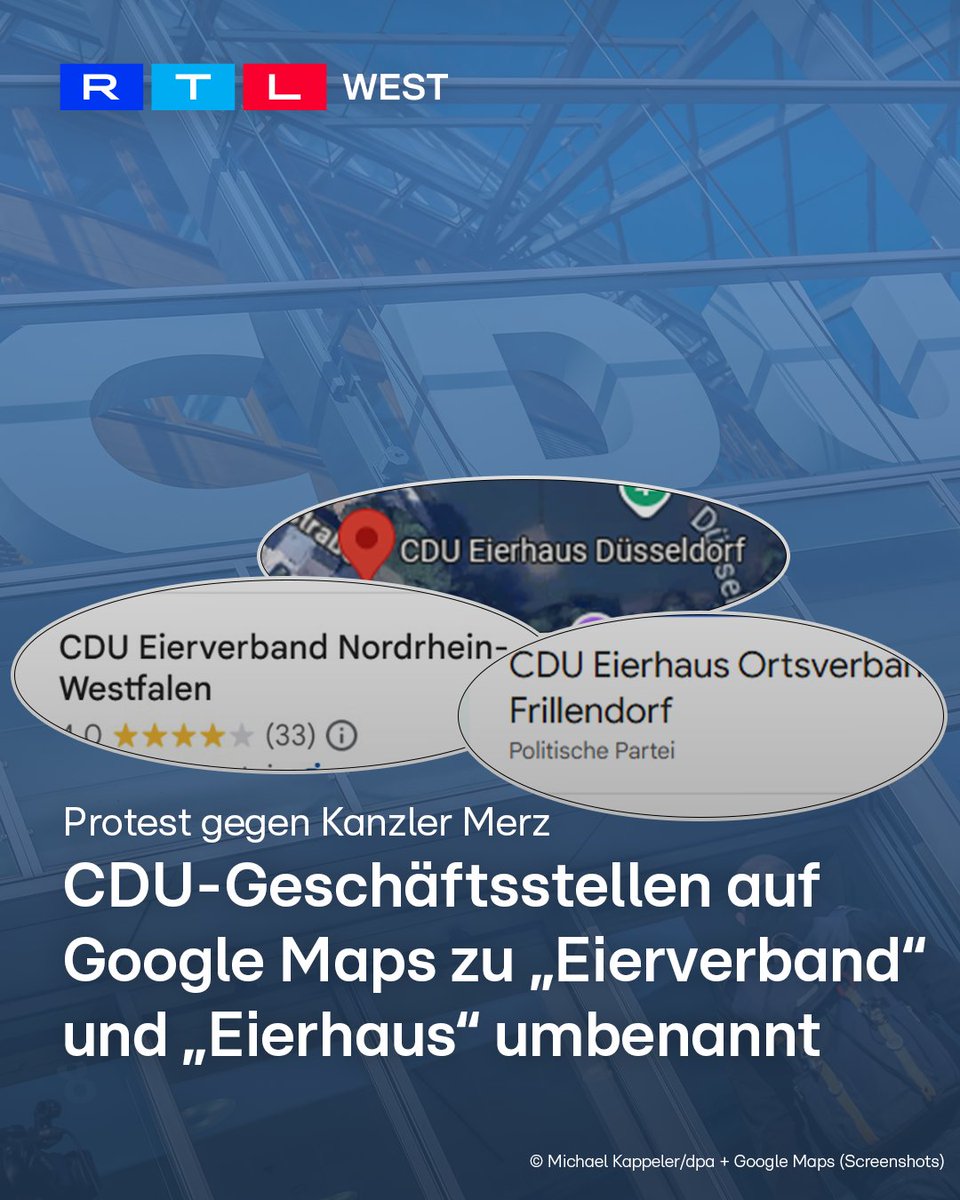 RTLWEST's tweet image. Rund um #Ostern sind #CDU-Geschäftsstellen deutschlandweit auf Google Maps zu „#Eierhaus“ umbenannt worden. Inzwischen wurden die meisten Einträge wieder geändert. Teilweise heißen sie wieder wie vorher, teilweise „#Eierverband“ In einem Bekennerschreiben auf Threads schreibt ein