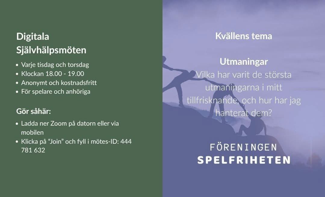Kvällens tema - Utmaningar - Vilka har varit de största utmaningarna i mitt tillfrisknande, och hur har jag hanterat dem?

Tillsammans skapar vi igenkänning och hopp för spelare och anhöriga.

Välkommen in. 🤗

#spelberoende #anhörigstöd
#självhjälp #hjälptillsjälvhjälp
