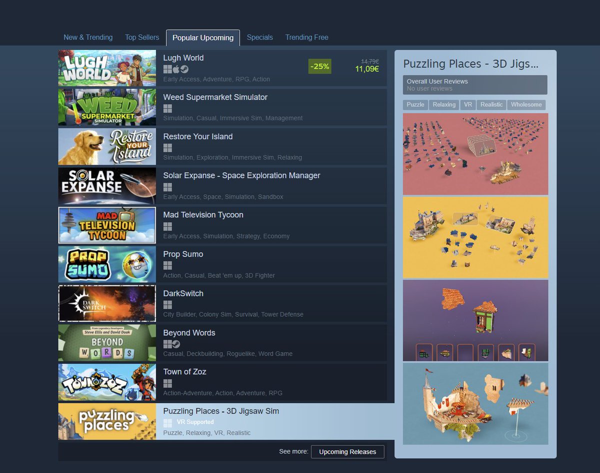 PuzzlingPlaces's tweet image. It's launch day and while we are getting to press the release button in a few hours we just hit the Popular &amp;amp; Upcoming section on the #Steam front page 🥳

#indie #gaming #indiedev #puzzles #launch