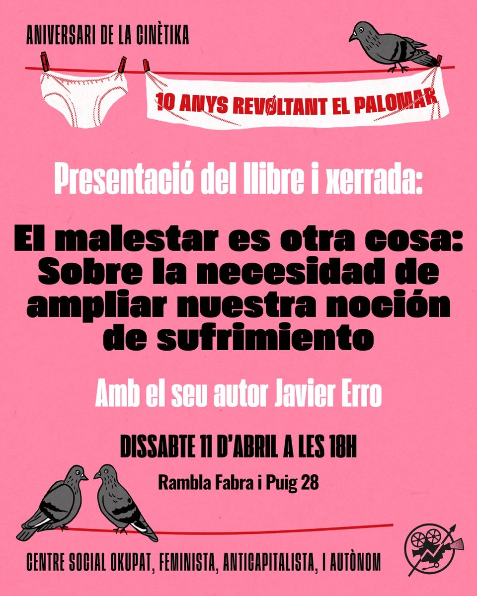 📚 Dissabte 11 d’abril ens visita Javi Erro, psicòleg i autor de “El malestar es otra cosa” editat per <a href="/Bellaterra_ed/">Bellaterra Edicions</a>

🧠 Pensem juntes el pas del malestar individual a la transformació social col·lectiva.

⏰ 11/04 - 18 h. a La Cinètika
