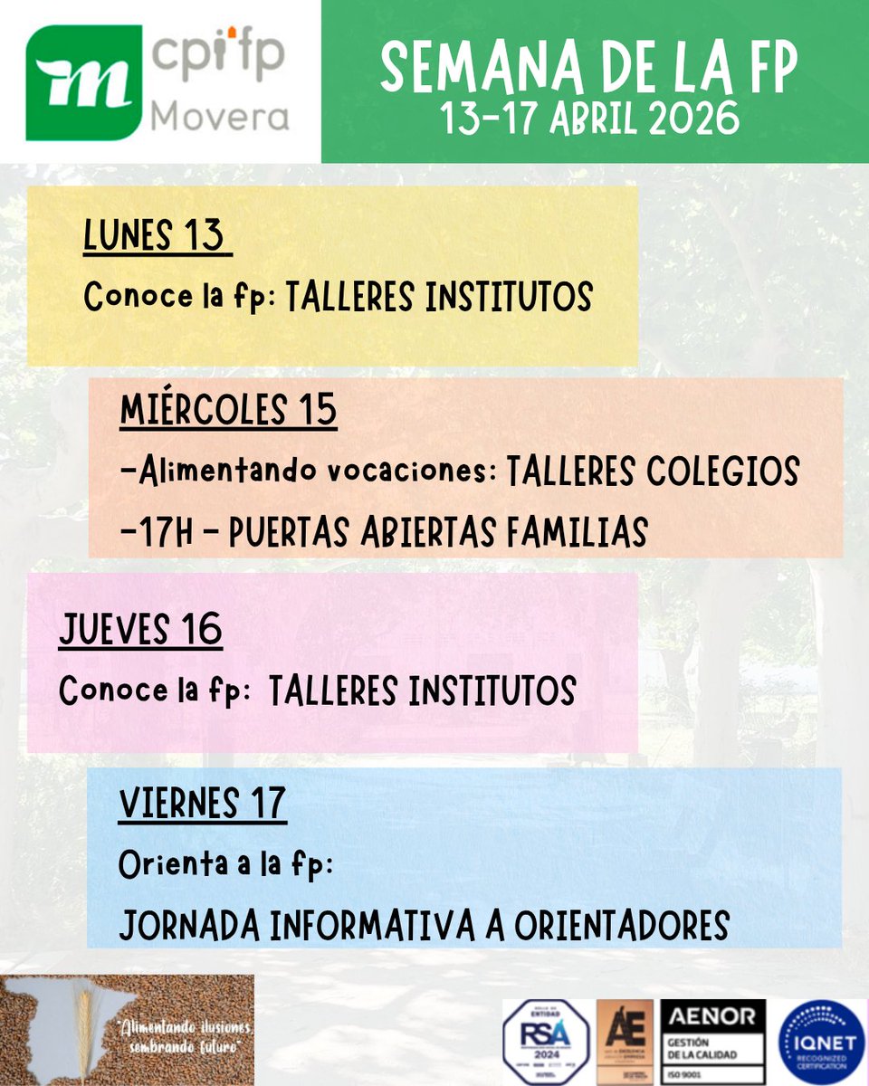 CPIFP_Movera's tweet photo. 🤩📣 ¡Descubre todo lo que te espera en la Semana de la FP del CPIFP Movera! 🎉🏫

#CPIFPMovera #SemanaDeLaFP #FormaciónProfesional #FPAragón #orientacióneducativa https://t.co/zqOdSd4ti5