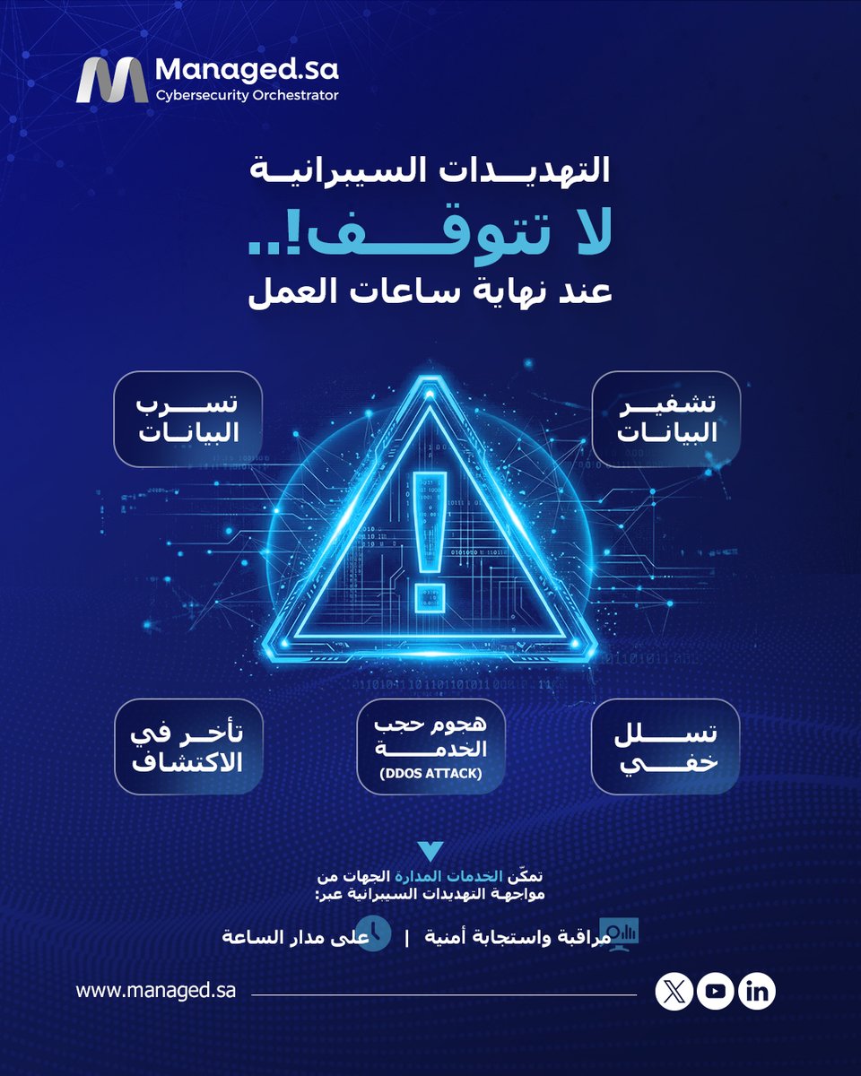 managedsa's tweet photo. التهديدات السيبرانية لا ترتبط بساعات العمل،
بل غالبًا تبدأ في الأوقات التي تقل فيها المراقبة.
في هذه الفترات، قد تظهر أنشطة غير طبيعية داخل الشبكة قبل أن تتطور إلى حادثة أمنية.

لهذا تعتمد المؤسسات على مركز العمليات الأمنية (SOC) لمراقبة الأنظمة والشبكات بشكل مستمر واكتشاف أي نشاط غير طبيعي فور حدوثه.
مركز العمليات الأمنية (SOC): مراقبة واستجابة أمنية 24/7

Cyber threats don’t follow business hours.
They often emerge when monitoring is reduced.
During these periods, unusual activity may appear before escalating into a security incident.

That’s why organizations rely on a Security Operations Center (SOC) for continuous monitoring and real-time detection of abnormal activity.
Security Operations Center (SOC): 24/7 monitoring and incident response

#Managedsa #SOC #Cybersecurity