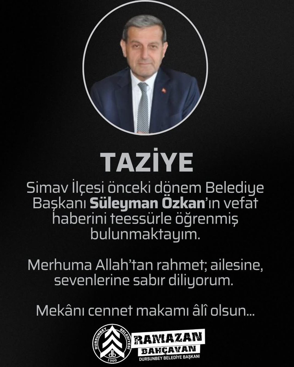 bahcavanramazan's tweet photo. Simav İlçesi önceki dönem Belediye Başkanı Süleyman Özkan’ın vefat haberini teessürle öğrenmiş bulunmaktayım.

Merhuma Allah’tan rahmet; ailesine, sevenlerine sabır diliyorum. 

Mekânı cennet makamı âlî olsun... https://t.co/Olqt93BBUj