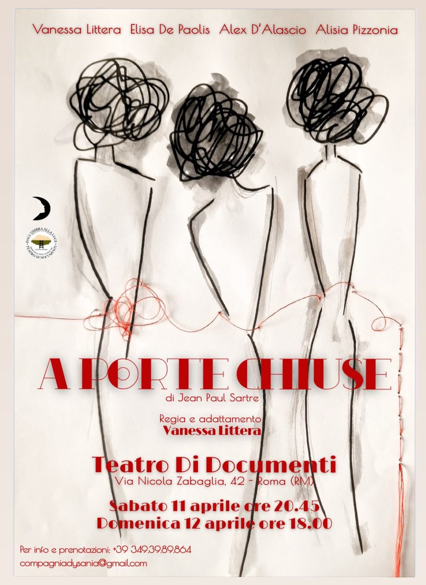 TeatroDocumenti's tweet photo. A PORTE CHIUSE

Tre anime dannate chiuse in una stanza senza uscita: nessun carnefice, solo i loro peccati, sguardi reciproci e segreti che li consumano. Scoprono che l'inferno non è un luogo, ma loro stessi, costretti a specchiarsi l'uno nell'altro per l'eternità.

11, 12 aprile https://t.co/2BsdgbbEXe