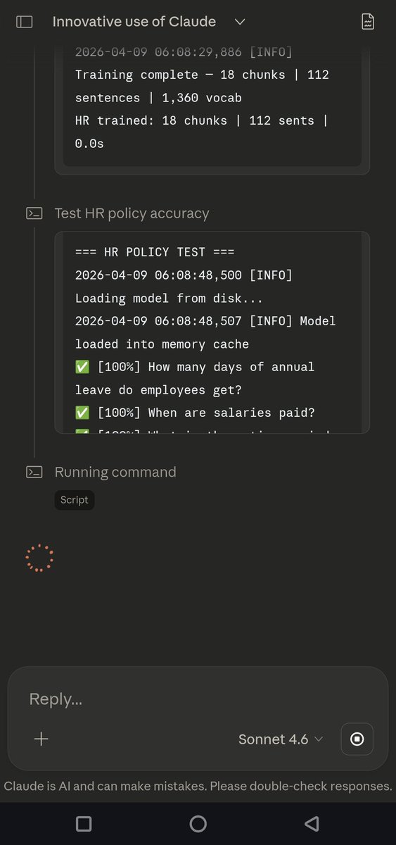 Ajay_Nagotha's tweet photo. Built a full AI system inside Claude’s hidden sandbox. No APIs. No cloud. 
Upload doc → train in seconds → ask anything
Runs on built-in Linux compute (RAM ,CPU in chat)
TF-IDF, BM25, keyword scoring
3 files. 6 APIs. 15/15 correct (100%)
Private AI on your data. 
Comment - send https://t.co/NOcYUnFhg1