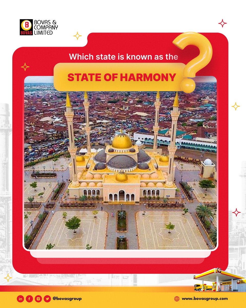 bovasgroup's tweet image. Which Nigerian state is known as the “State of Harmony”?
Drop your answer below (And no Google, we’re watching you 😄)

#Trivia #TGIF #BetterserviceswithBOVAS
