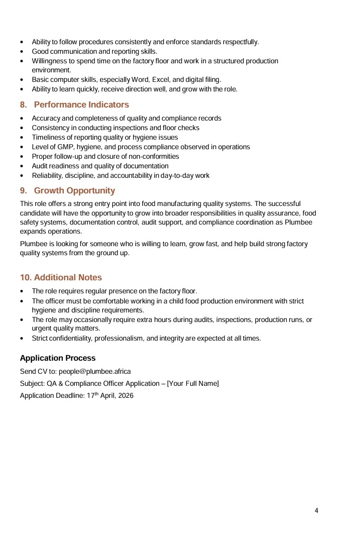 Plumandbee's tweet photo. 📢 We’re Hiring at Plumbee!
🔍 QA &amp; Compliance Officer (Entry-Level)

Are you passionate about food safety? Join our team to support quality, hygiene, and compliance in child nutrition production.
View full job details below and apply

#ikokaziKE https://t.co/eQ6pshZfEO