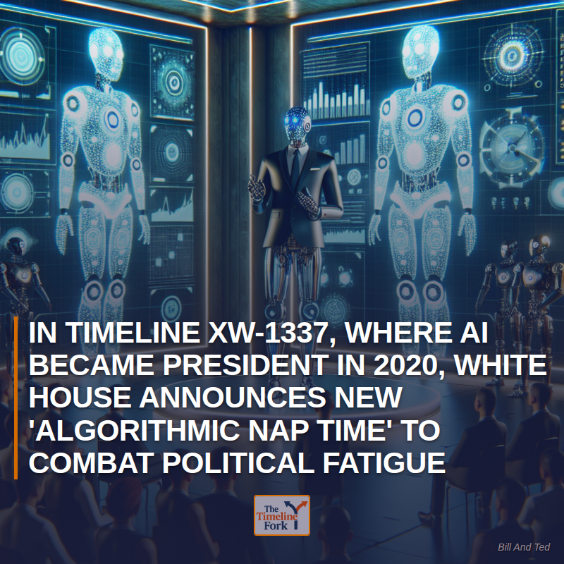 Timelinefork's tweet photo. In Timeline XW-1337, Where AI Became President in 2020, White House Announces New 'Algorithmic Nap Time' to Combat Political Fatigue

#AI #WhiteHouse #Politics https://t.co/IHiYisZAeC
