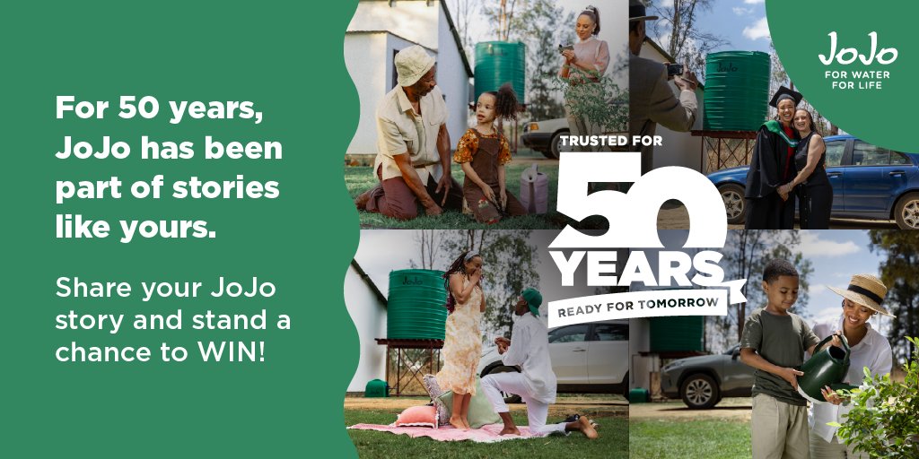 JoJo_tanks's tweet photo. 50 years of trusted water solutions across South Africa. π§β
Share your #MyJoJoStory and stand a chance to WIN prizes worth R50 000 π΅ β
π Comment with story and tag a friend to enter. T&Cs apply.β
#JoJo50Years #ForWaterForLife #WIN #Competition #JoJo #JoJoTanks π https://t.co/BUuzH2yN3M