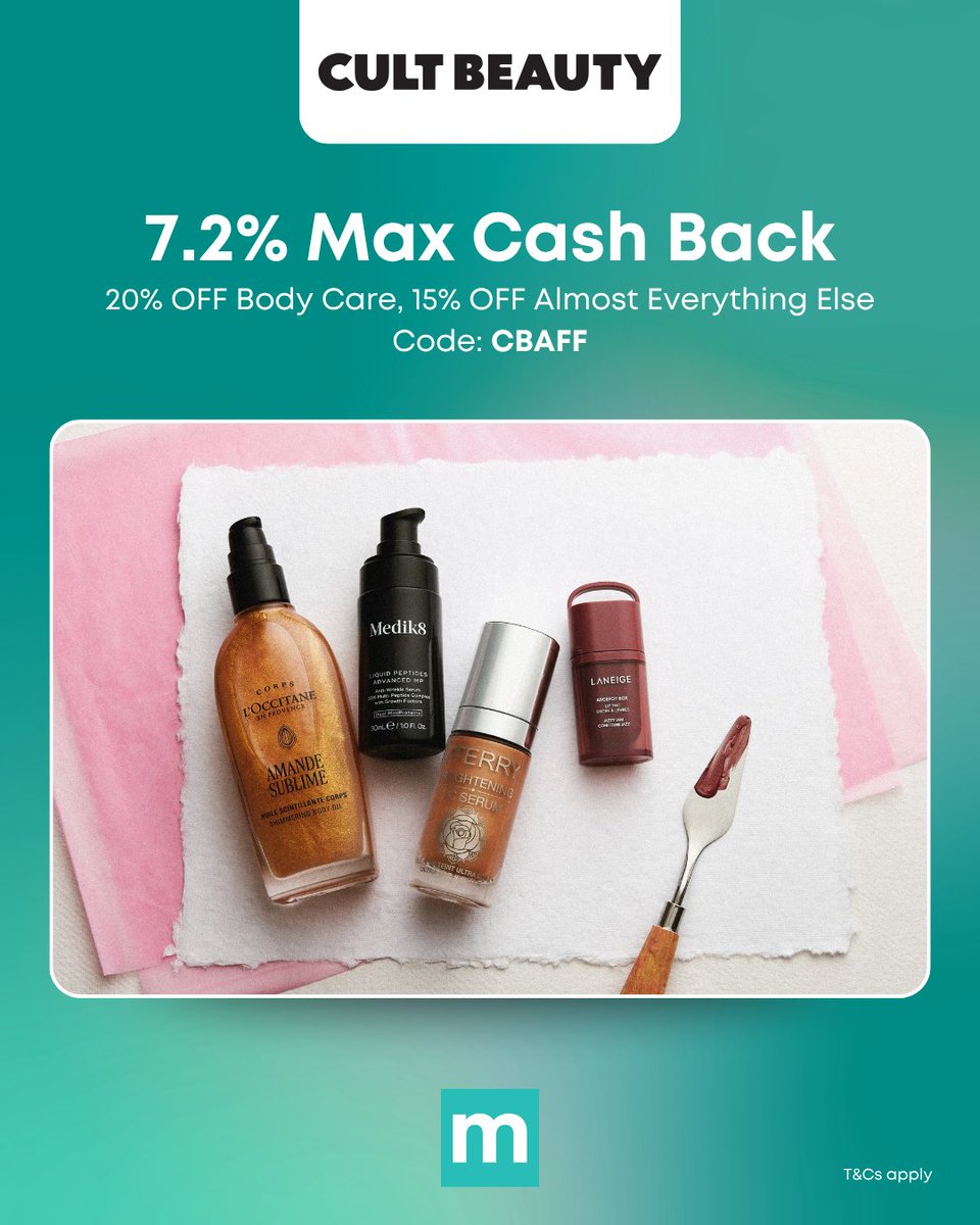 Max_Rebates's tweet photo. Cult Beauty just made your routine upgrade easier 💆🏻‍♀️ Get 20% OFF Body Care and 15% OFF almost everything else with code CBAFF, plus earn 7.2%  Max Cash Back ✨

Shop the deal now: https://t.co/uL9BktLjxI 

#maxrebates #cultbeauty #skincaredeals #bodycare #cashback https://t.co/O4rGbjNCKC