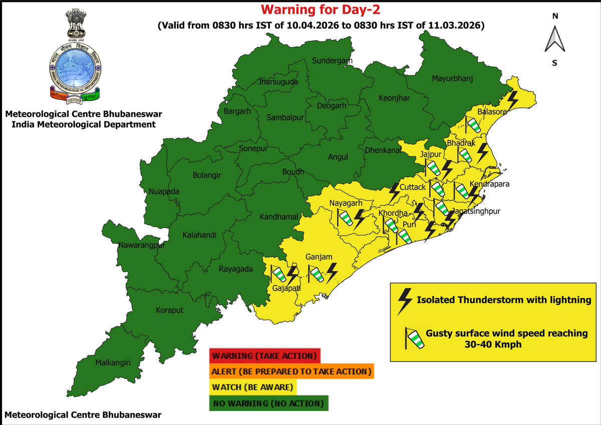 mcbbsr's tweet image. Warning for the State.
Day-1 &amp;amp; Day-2 : Isolated Thunderstorm, Lightning &amp;amp; Gusty Wind Warning.
Day-3 to Day-7 : Hot and Humid Warning.
#Thunder #lightning #Warning #Odisha #odishaweather #WeatherUpdate