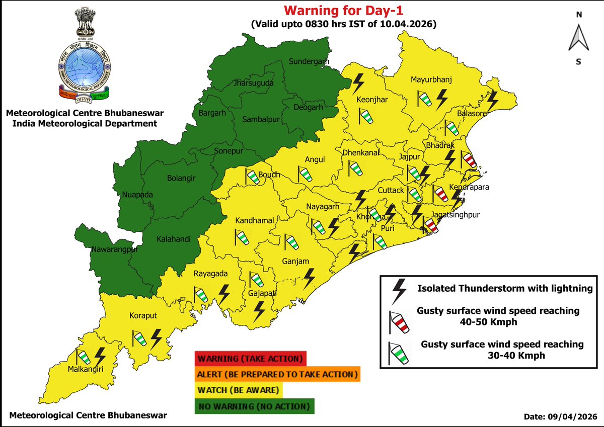 mcbbsr's tweet image. Warning for the State.
Day-1 &amp;amp; Day-2 : Isolated Thunderstorm, Lightning &amp;amp; Gusty Wind Warning.
Day-3 to Day-7 : Hot and Humid Warning.
#Thunder #lightning #Warning #Odisha #odishaweather #WeatherUpdate