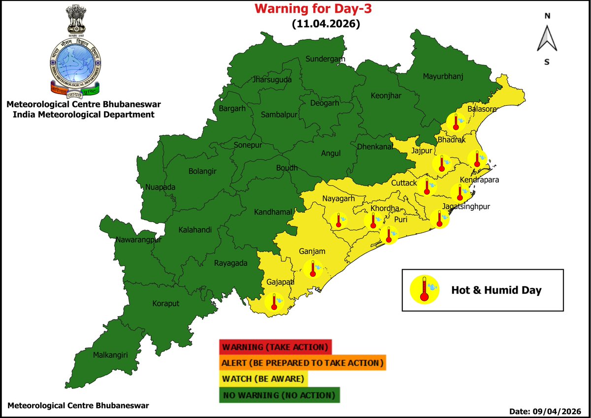 mcbbsr's tweet image. Warning for the State.
Day-1 &amp;amp; Day-2 : Isolated Thunderstorm, Lightning &amp;amp; Gusty Wind Warning.
Day-3 to Day-7 : Hot and Humid Warning.
#Thunder #lightning #Warning #Odisha #odishaweather #WeatherUpdate