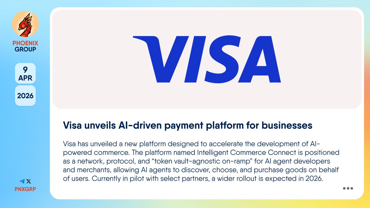 pnxgrp's tweet image. 🔥 @Visa unveils AI-driven payment platform for businesses

#Visa has unveiled a new platform designed to accelerate the development of AI-powered commerce. The platform named Intelligent Commerce Connect is positioned as a network, protocol, and “token vault-agnostic on-ramp”