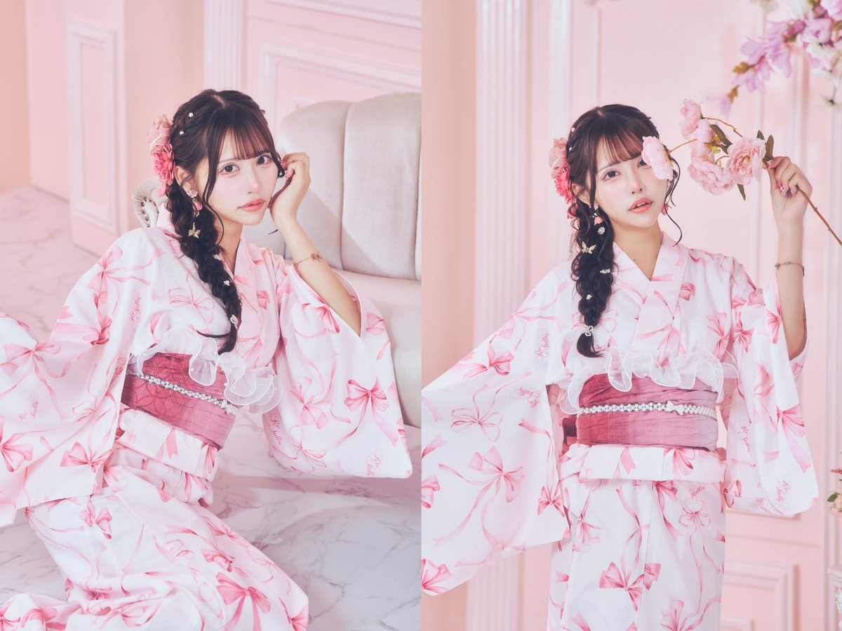 Re❤︎Amourから、初となるオリジナル浴衣が登場♡淡いピンクの地に、リボンを散りばめた、ときめき溢れる総柄デザイン♡