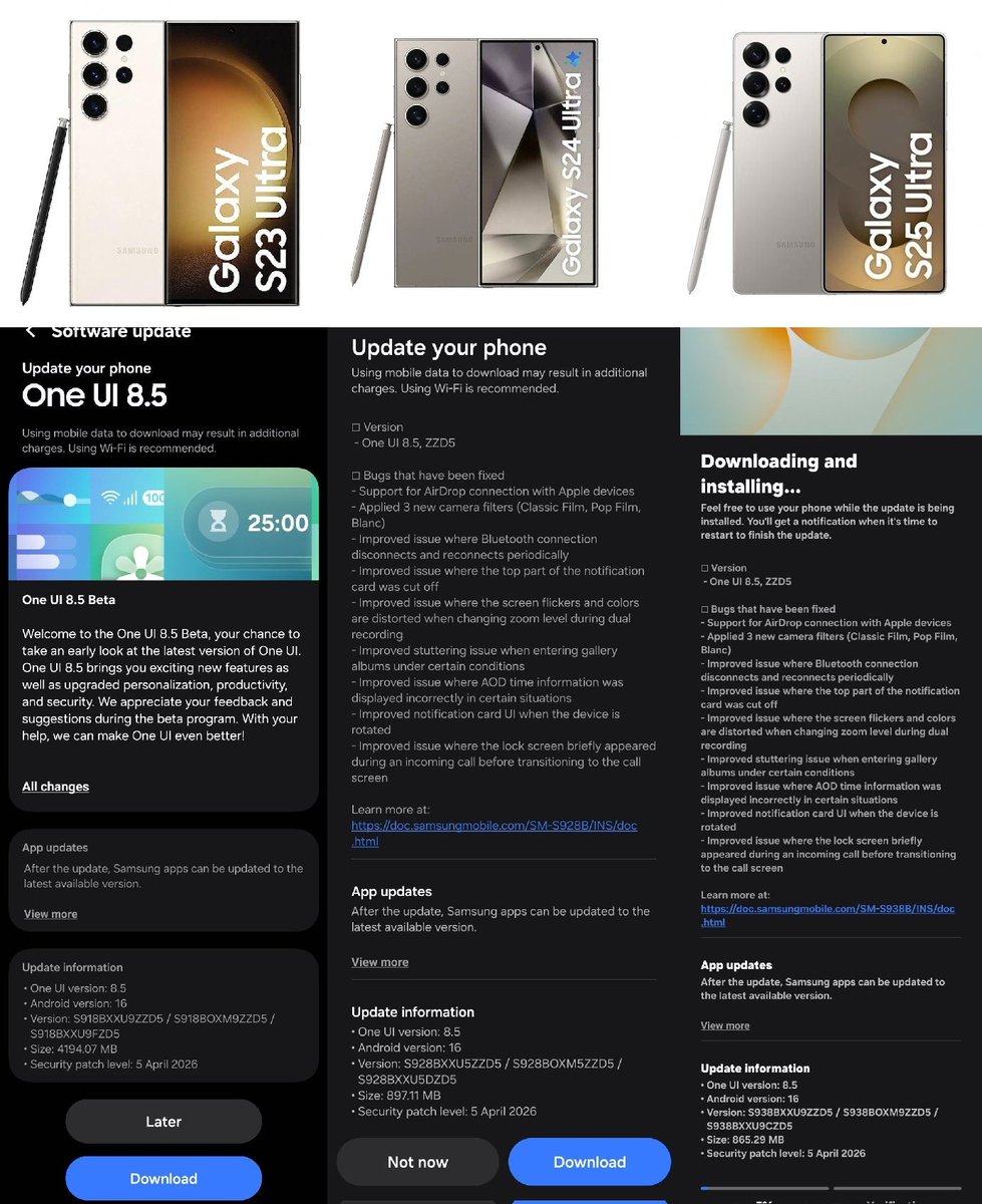 smasithick's tweet image. 🚨 Update day for Galaxy S Ultra users 🔥

• S25 Ultra → One UI 8.5 Beta 9
• S24 Ultra → One UI 8.5 Beta 2
• S23 Ultra → One UI 8.5 Beta 1

Same One UI 8.5 Beta build is now rolling out across all three generations. 

Highlights:
• AirDrop file sharing support 
• New