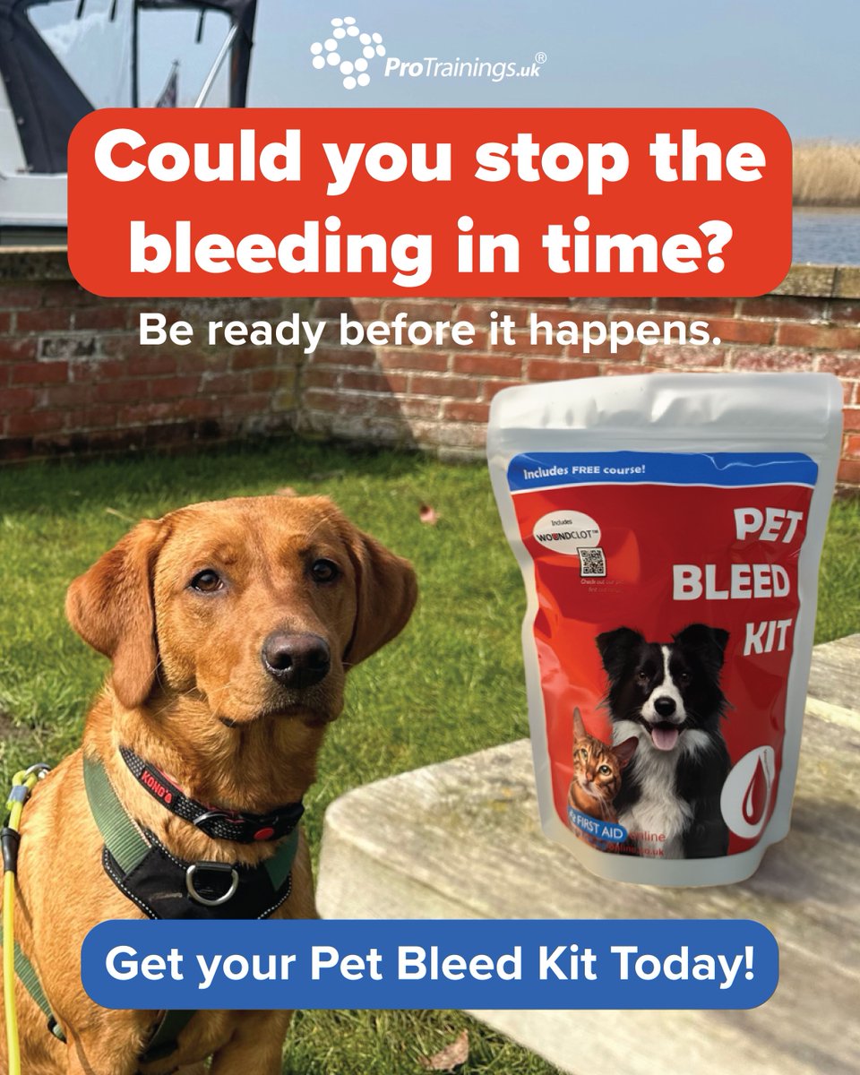 ProTrainingsUK's tweet image. 🐾 National Pet Month (Apr 1–May 5) 🐾

Accidents happen—be prepared.

The Pet Bleed Kit includes everything needed to manage serious bleeding, including WoundClot to help stop blood flow fast.

👉 buff.ly/rEREitT

#NationalPetMonth #PetFirstAid #PetSafety #NPM26