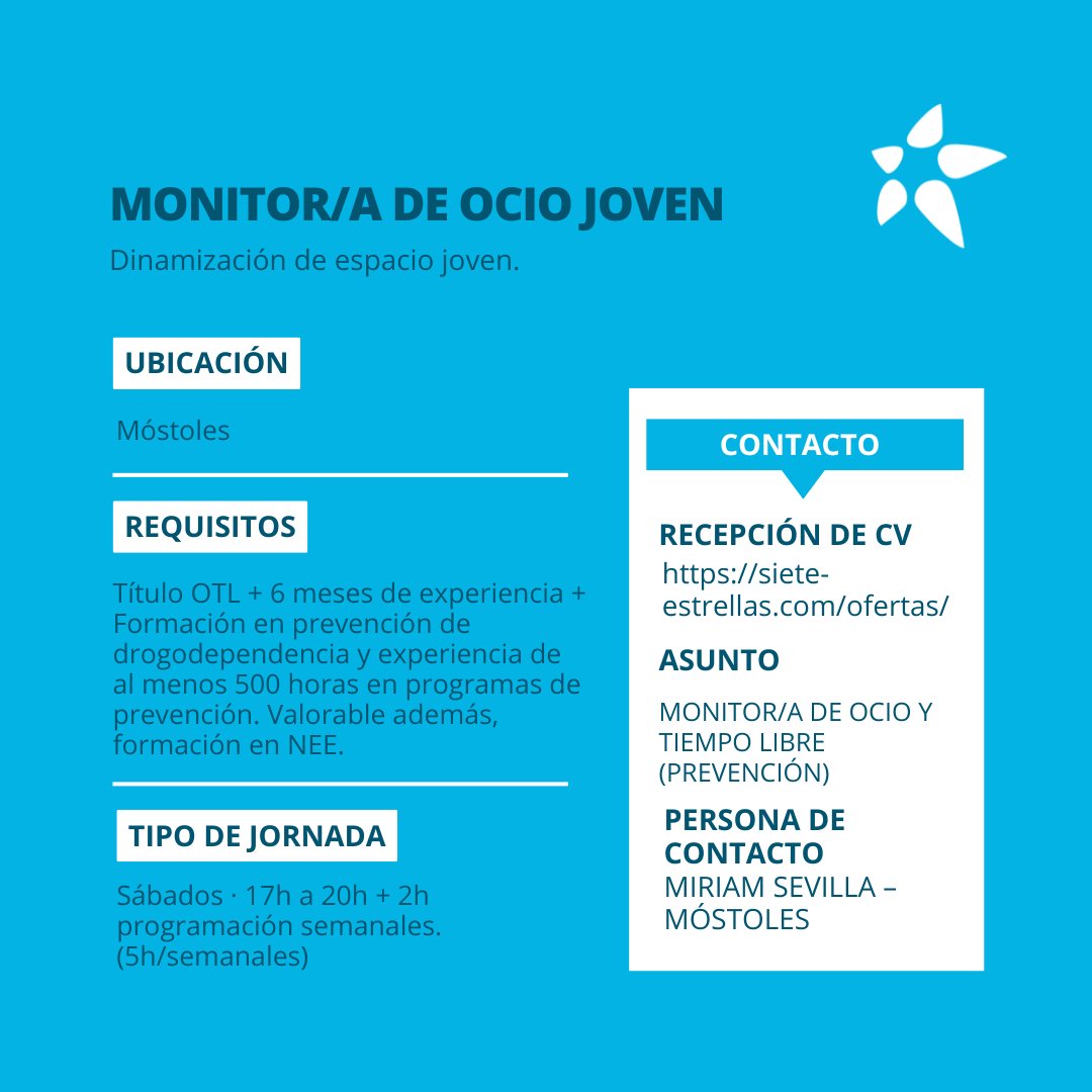 #EMPLEO | 

Buscamos monitor/a de Ocio Joven  en 📍 #Móstoles con formación en prevención de drogodependencia y experiencia de al menos 500 horas en programas de prevención.

siete-estrellas.com/ofertas/