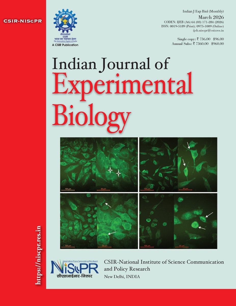vinurock5's tweet photo. Indian Journal of Experimental Biology (IJEB) March 2026 is now available in
@OpenAccessNow
through
@CSIR_NIScPR
institutional repository NOPR (https://t.co/kFTX3NLISe) as well as Journal website.
@CSIR_IND

@Clarivate

@Scopus

@ugc_india

@ScicommC

@SciComm_India

@IndiaDST https://t.co/lW1dIJtKEO