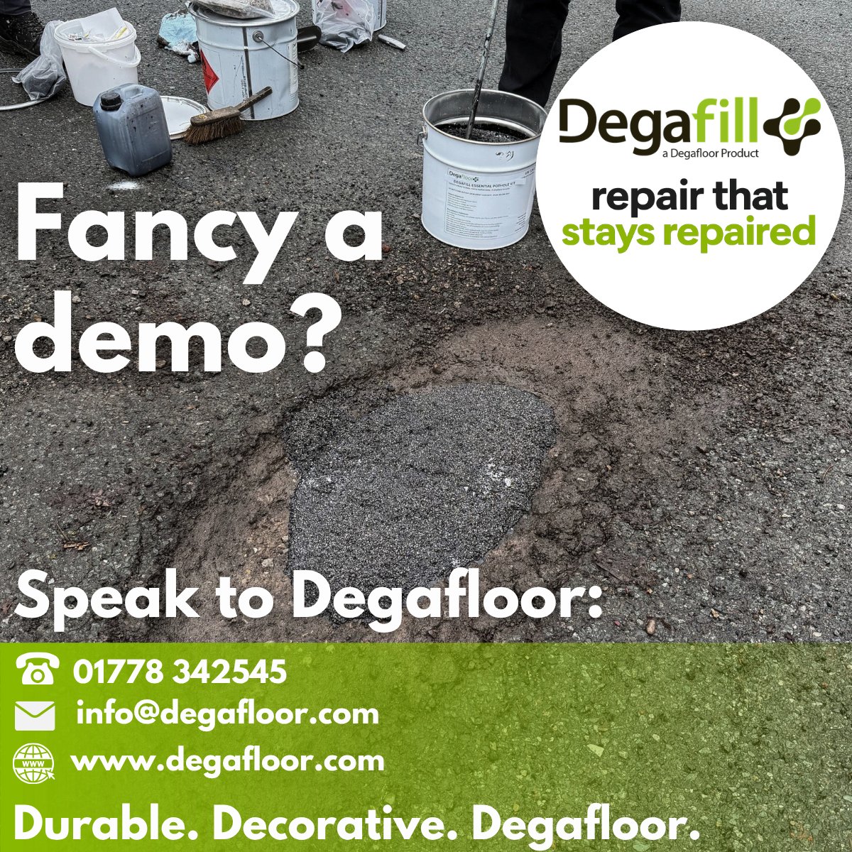 🕳️ Degafill in action.

We recently completed a successful pothole repair demo at a major UK manufacturing site, showing how repairs can be traffic-ready in just 20 minutes.

Want to see it yourself? We offer free on-site demos.

#potholes #facilitymanagement #carparkmaintenance