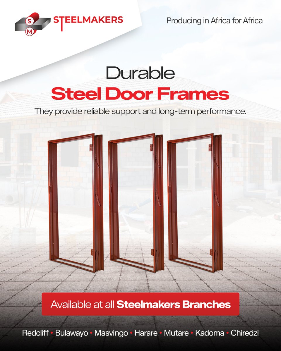 SteelMakers_ZW's tweet image. SteelMakers Zimbabwe delivers door frames, window frames, and garage doors made for strength and security.

Built to last. Crafted for everyday reliability.

Available nationwide.

#SteelMakers
#DoorFrames #WindowFrames #GarageDoors #BuiltToLast #ConstructionZimbabwe #Quality