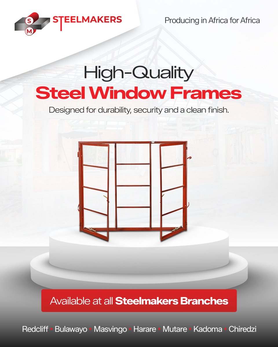 SteelMakers_ZW's tweet image. SteelMakers Zimbabwe delivers door frames, window frames, and garage doors made for strength and security.

Built to last. Crafted for everyday reliability.

Available nationwide.

#SteelMakers
#DoorFrames #WindowFrames #GarageDoors #BuiltToLast #ConstructionZimbabwe #Quality