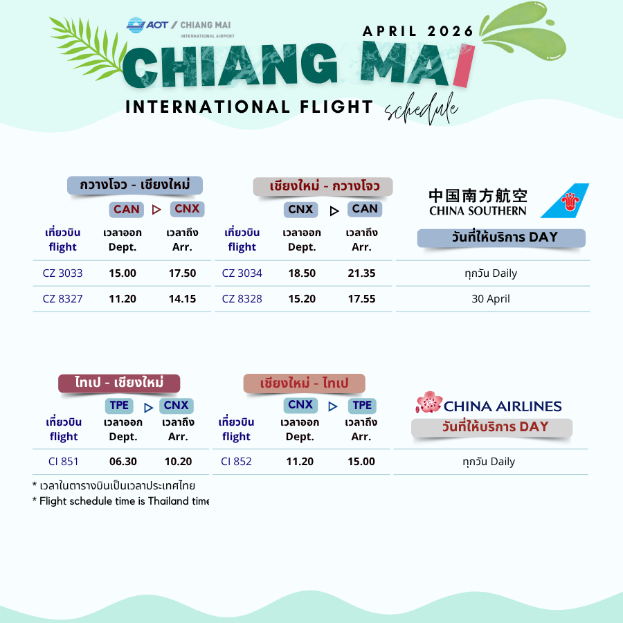 CNX_Airport's tweet image. ตารางบินระหว่างประเทศ | International Flight Schedule (5)
#ChinaSourthern #ChinaAirlines #SpringAirlines #ChinaEastern #EVAAir #Starlux
⛩️กวางโจว|CAN
🎇ไทเป|TPE
⛩️เซี่ยงไฮ้|PVG
⛩️คุนหมิง|KMG
#flyCNX #CNXairport