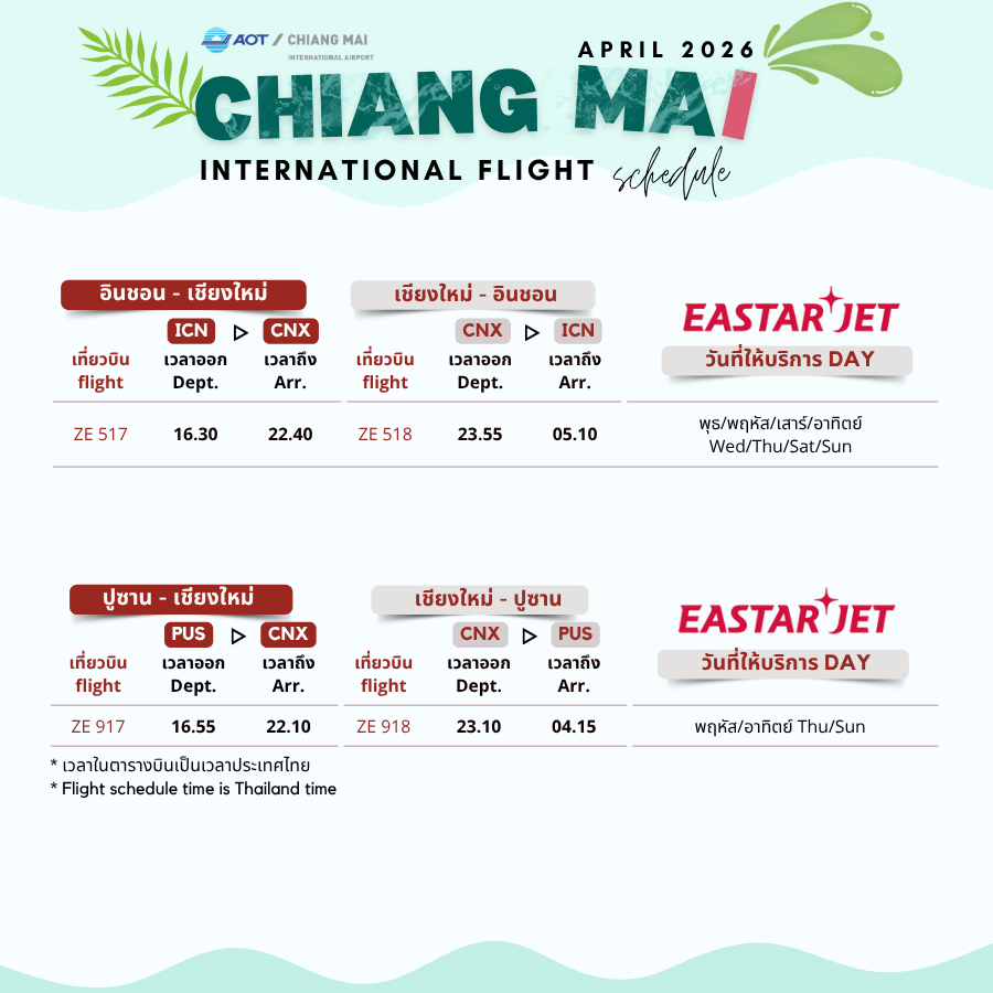 CNX_Airport's tweet image. ตารางบินระหว่างประเทศ | International Flight Schedule (6)
#AirChina #ThaiLionAir #SpringAirlines #ChengduAirlines #ThaiAirasia #JejuAir #EastarJet
🇨🇳 ปักกิ่ง|PEX
⛩️เกาสง|KHH
⛩️ซีอาน|XIY
⛩️เฉิงตู|TFU
🎇ไทเป|TPE
🇰🇷 อินชอน|INC
🇰🇷 ปูซาน|PUS
#flyCNX #CNXairport