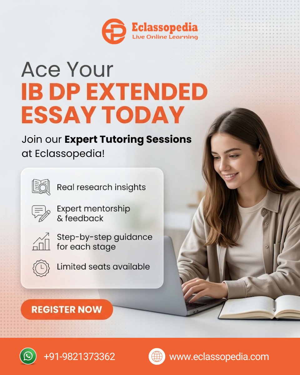 eclassopedia's tweet image. Struggling with your IB DP Extended Essay? Get expert tutoring to refine your research, structure, and writing.

Limited seats available—book your session today!

#IBDP #ExtendedEssay #OnlineTutoring #Eclassopedia