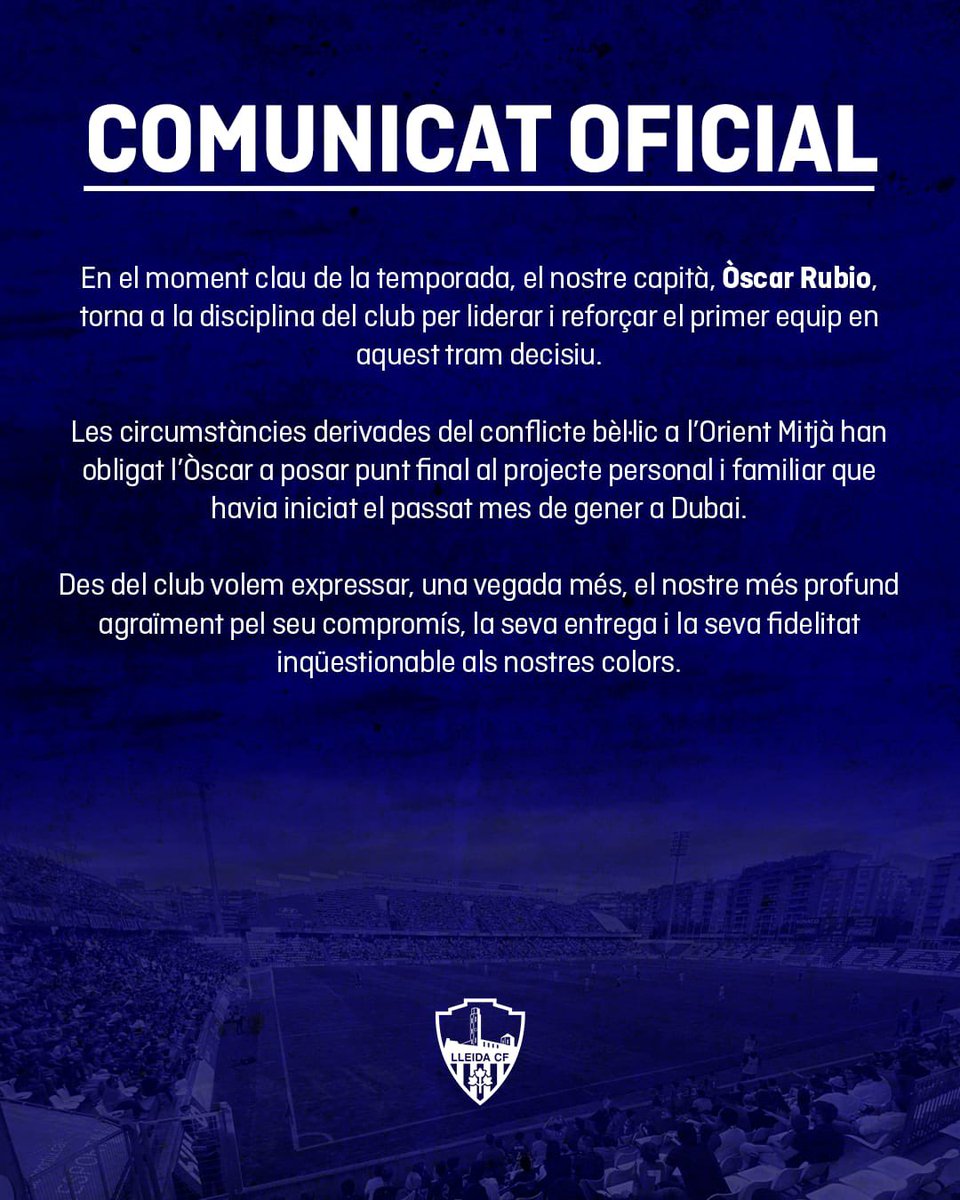 LleidaCF's tweet photo. COMUNICAT OFICIAL

Óscar Rubio torna al Lleida CF fins a final de temporada 💙

#LleidaCF #MésViusQueMai https://t.co/XZUtz4Th0F