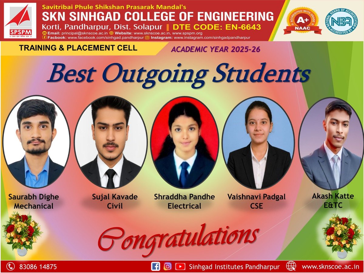 SINHGADINSTITU2's tweet photo. SKN Sinhgad College of Engineering, Pandharpur proudly congratulates our Best Outgoing Students 2025-26...!!!
#BestOutgoingStudents #SKNSinhgad #SinhgadPandharpur #AcademicExcellence #FutureLeaders #StudentAchievement #CampusPride #EngineeringSuccess #Congratulations https://t.co/4XItBMhul7