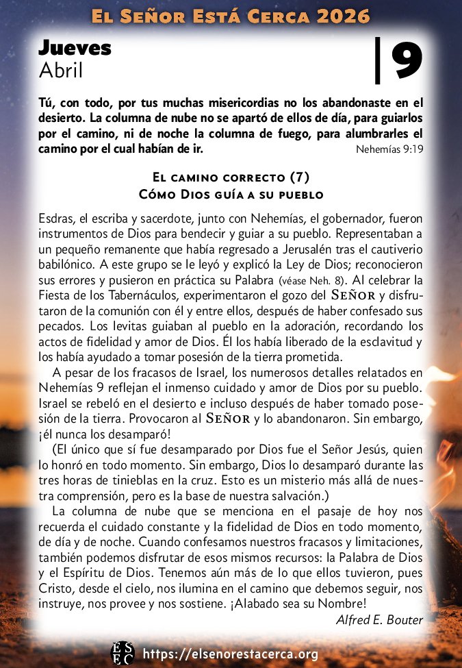 senorestacerca's tweet photo. Dios, en su misericordia, guió a su pueblo con la columna de nube y fuego, sin abandonarlos jamás (Neh. 9:19). Reflexiona sobre su fidelidad eterna.

“El camino correcto (7)—Cómo Dios guía a su pueblo” by Alfred E. Bouter https://t.co/X6fjq06w6d
