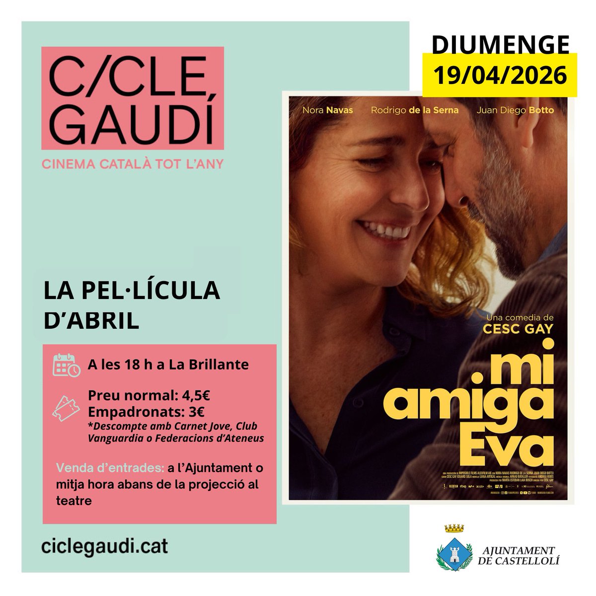 castelloli's tweet image. Aquest mes d'abril, el @ciclegaudi porta a #Castellolí la pel·lícula “Mi amiga Eva”, de Cesc Gay🍿

🗓 19 d'abril a les 18h
📍La Brillante
🎟 Venda d'entrades a l'Ajuntament o mitja hora abans
de la projecció al teatre

No te la perdis! 👏🏼🎞