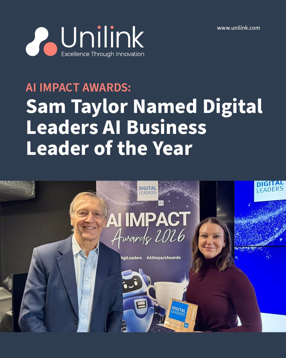 UnilinkSW's tweet photo. Great to see practical, responsible AI recognised. 

Congrats to Sam Taylor, named AI Business Leader of the Year by DigiLeaders. At Unilink, we focus on AI that supports staff, enables early intervention &amp; drives better outcomes.

Read more: https://t.co/j5yi17Nprx 

#AI https://t.co/oxo3ARx6P7