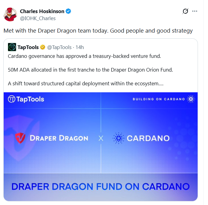 thecryptobasic's tweet image. Hoskinson Backs Draper Dragon After #Cardano Community Approves Orion Fund With 50M $ADA Seed.

Charles Hoskinson confirmed he recently met with Draper Dragon, which will manage Cardano’s newly approved venture fund.

The Cardano community approved the Orion Fund, allocating an