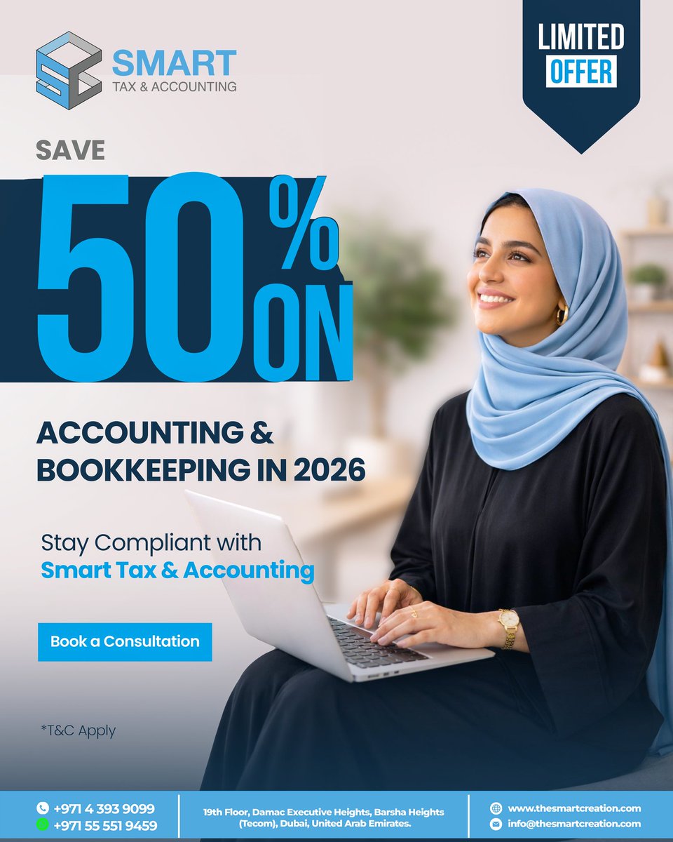 smartcreationae's tweet photo. 📞 Call or WhatsApp us at: +971 55 551 9459

50% OFF on Accounting &amp; Bookkeeping; Limited Time Only! 

Stay compliant, save more &amp; grow smarter in 2026 .
Don't let your books hold your business back.
.
#SmartTaxAccounting #AccountingDubai #BookkeepingUAE #DubaiBusiness #UAE https://t.co/EWIz06aZjp