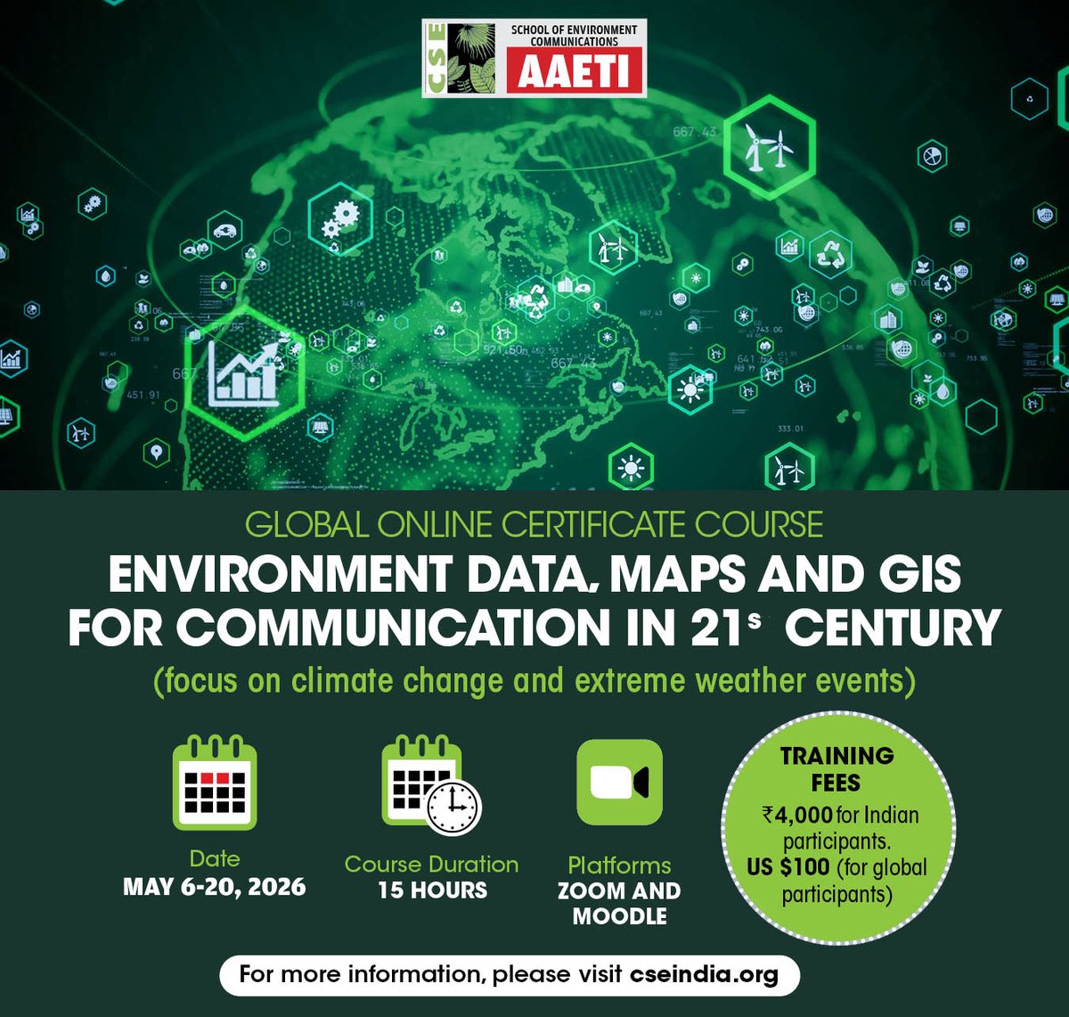 CSEINDIA's tweet photo. How do you make environmental data easier to understand? We believe maps and visual tools can bridge that gap.

CSE’s Global Online Certificate Course on Environment Data, Maps and GIS is now open for registrations.

This is one of our flagship training programmes, designed for professionals, researchers, and students looking to strengthen their skills in spatial analysis and communication.

Through this course, you will learn how to:
• Work with environmental datasets
• Use GIS tools for analysis and mapping
• Communicate insights effectively through visualisation

If you are working at the intersection of environment, data, and policy, this course is for you. All you need is a computer/laptop and a high-speed internet connection.
🔗 Register here: https://t.co/xZjszK2z6o