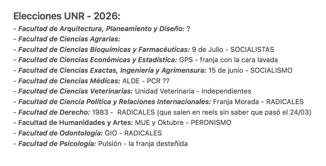 he aquí el trabajo de investigación llevado adelante para saber el resultado de las elecciones UNR 2026, por si hay otrx chismosx que quiere saber:
