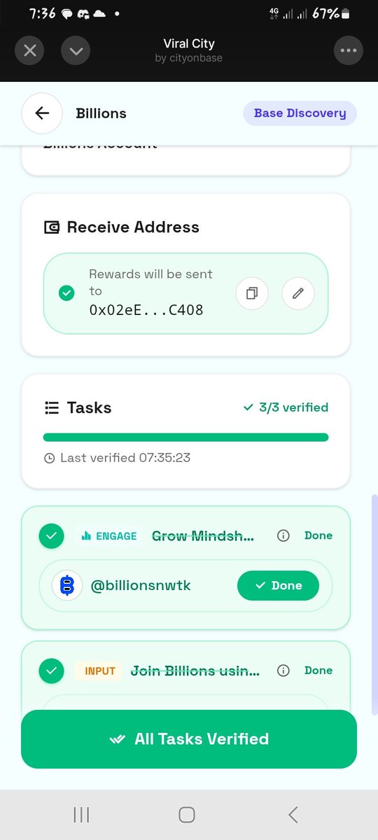 thatday4081's tweet photo. I just completed #CityProtocol × @billions_ntwk Campaign 🔥
Quick Guide 👇
1~ Open Base App or Farcaster, search Viral City, open the Dapp → click Billions Join Campaign.
2~ Enter your reward receiving address.
3~ Task 1: Post about Billions on X, tag Billions → verify ..
3~ Task 2: Submit the email used in Billions app → verify.
4~ Task 3: In Billions app, go to Profile → Show Verification, screenshot your connected agent, upload to Google Drive, copy the link → submit and verify ... ✅
If anything fails, DM for help 🙌
Let's connect on farcaster too guys 👇
https://t.co/U3JWN4k3iX